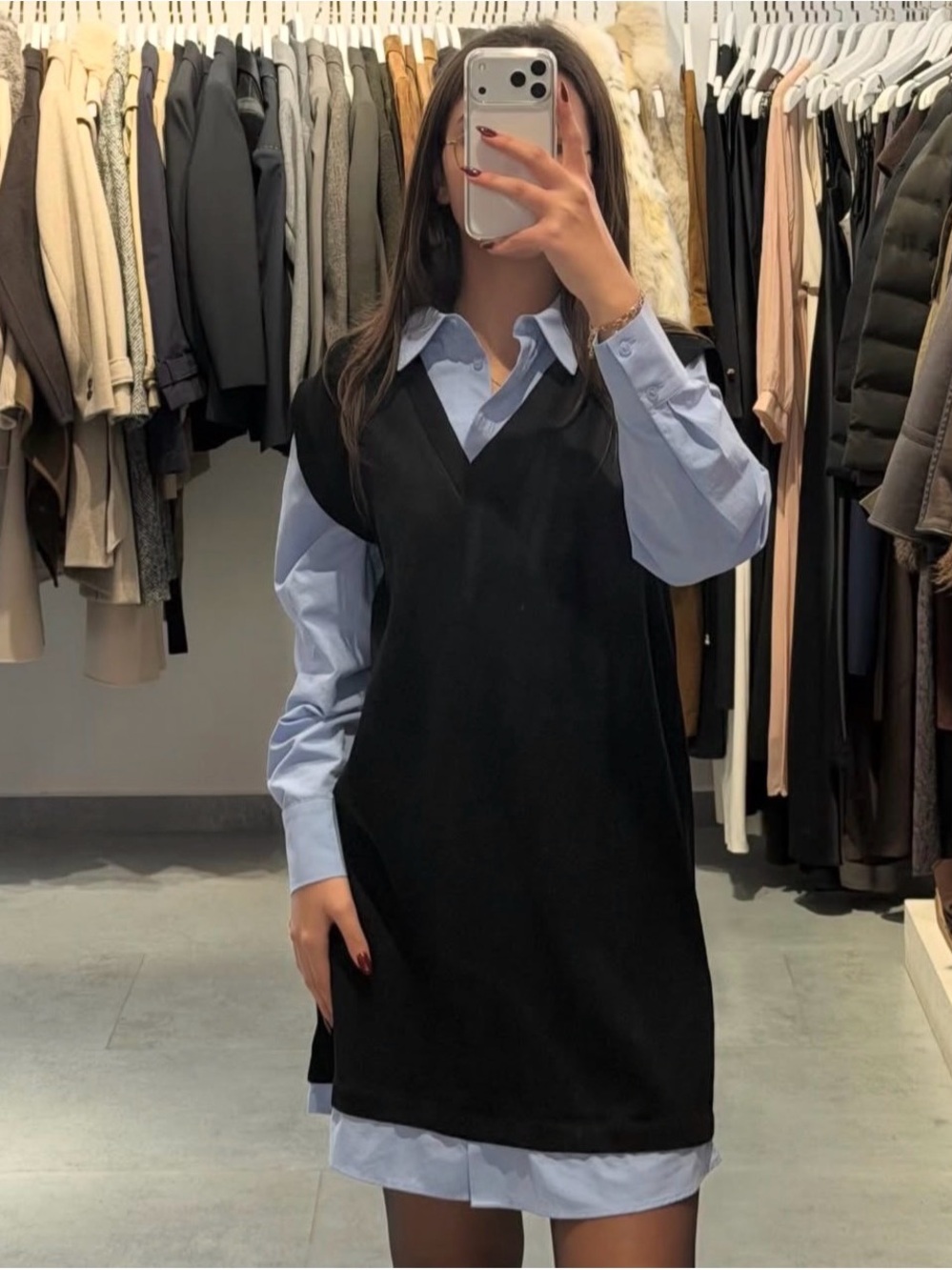Zara Black V-Neck Sweater Dress with Light Blue Shirt Layer
